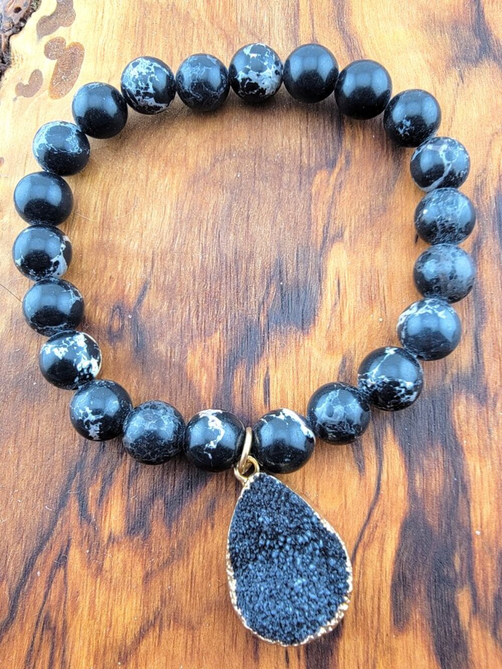 🖤 3/$30 Black Marbled Stone Druzy Teardrop Bracelet – Gold Accent |